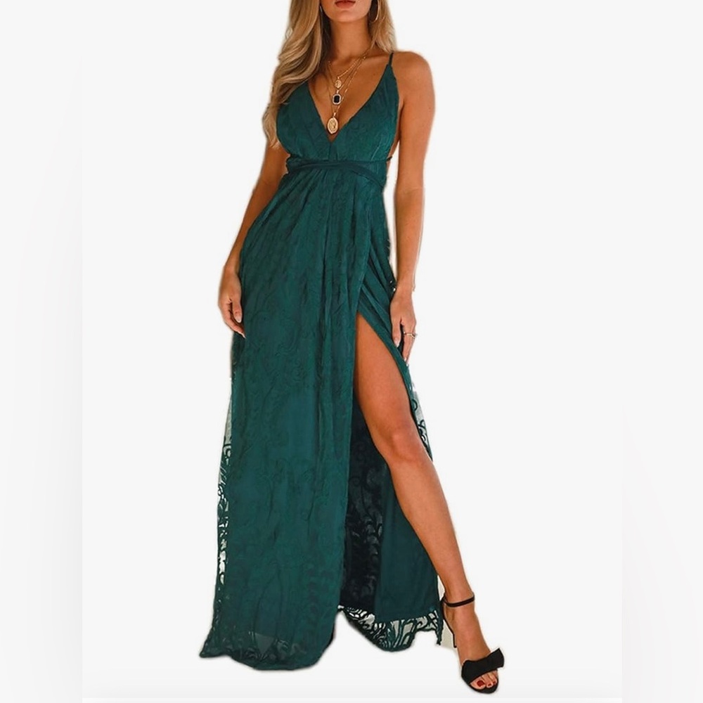 Women Strap Lace Up Backless V-Neck Embroidered Maxi Dress